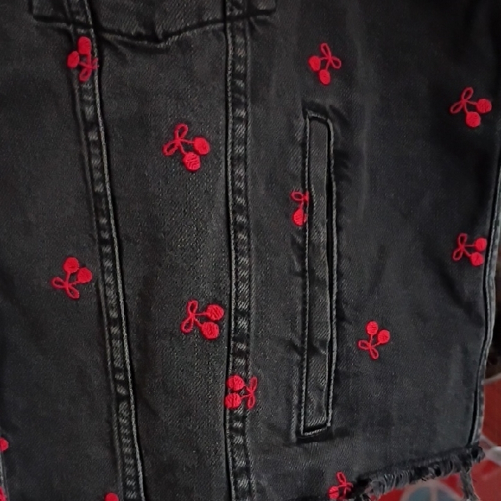 Wild Fable Black Jean Jacket with Red Floral Embroidery - Picture 2 of 7